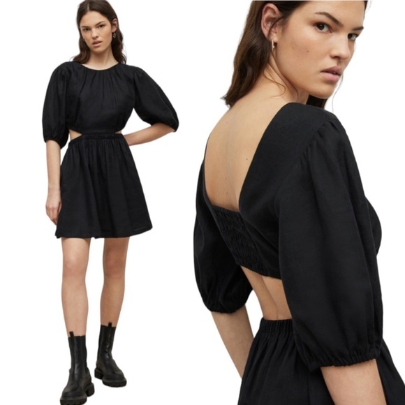 All Saints Colette Linen Mini Dress in Black 10 - Picture 1 of 10
